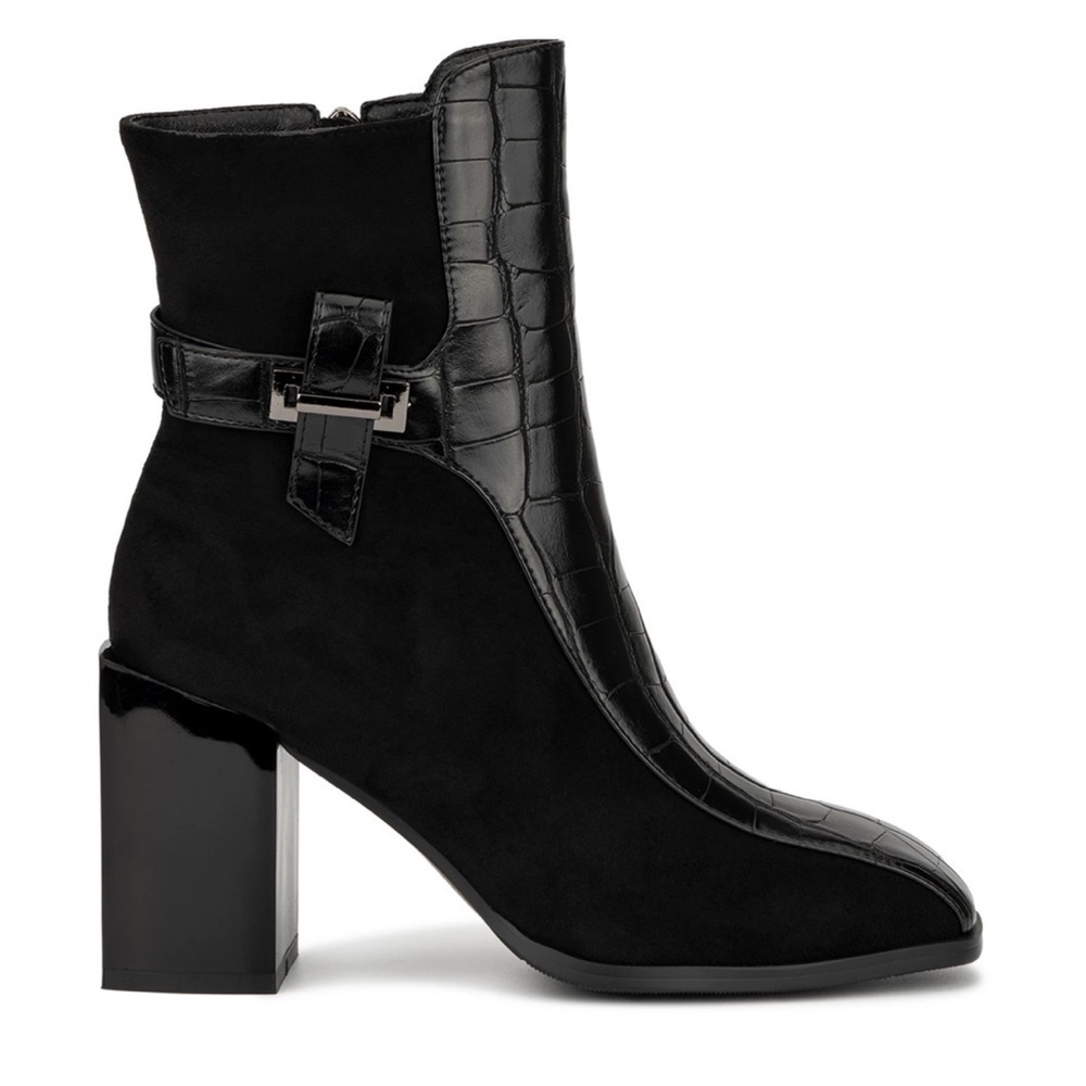 Torgeis Fontaine Black Croc-Embossed Block Heel Ankle Boots w/ Buckle Size 8 - Picture 3 of 13